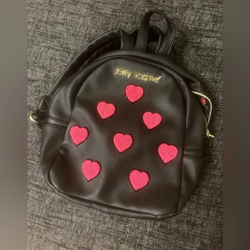Betsey Johnson Heart Backpack Hot Pink Patches Black